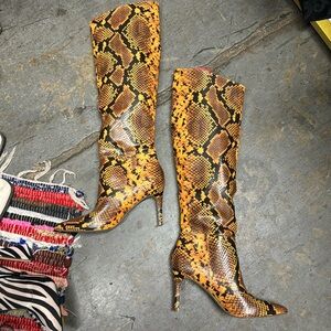 Steve Madden Snake Print Knee High Pointed Toe Stiletto Slip On Boots